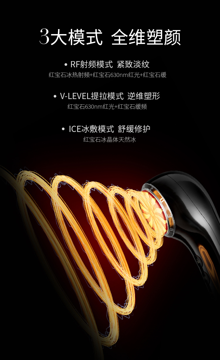 3大模式全維塑顏，RF射頻模式-緊致淡紋、V-LEVEL提拉模式-逆維度塑形、ICE冰敷模式-舒緩修護