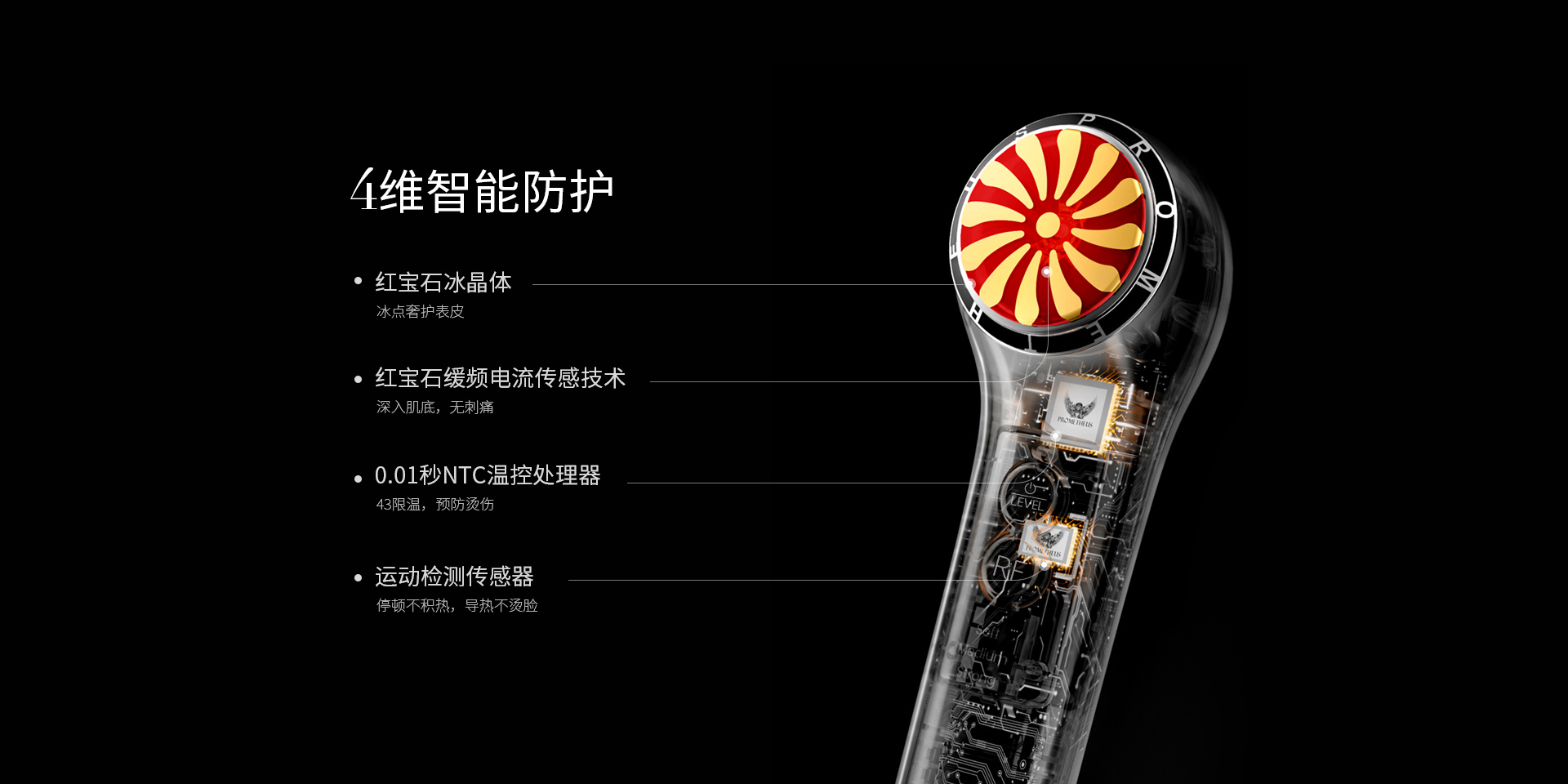 4維智能防護，紅寶石晶體，紅寶石緩頻電流傳感技術(shù)，0.01秒NTC溫控處理器，運動檢測傳感器